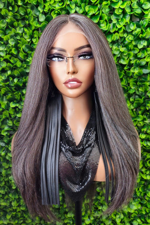 Dark Brown Gray Lace Front Wig Yaki Straight Hair Wig Gray Hair Silver Hair Natural Mix Grey Brown Hair Lace Wig