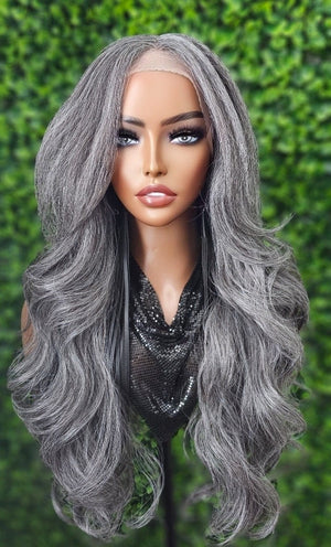 Long Salt and Pepper Gray Lace Front Wig – Curly or Yaki Straight Silver Grey Wig – Natural Looking Gray Wig for Women