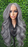 Long Salt and Pepper Gray Lace Front Wig – Curly or Yaki Straight Silver Grey Wig – Natural Looking Gray Wig for Women