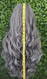 Long Salt and Pepper Gray Lace Front Wig – Curly or Yaki Straight Silver Grey Wig – Natural Looking Gray Wig for Women