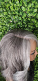 Mix Gray Glueless Lace Front Wig Yaki Hair Swoop Bang Salt and Pepper Ombre Gray Layered Curly Right Side Part HD Lace Wig