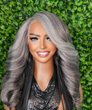 Mix Gray Glueless Lace Front Wig Yaki Hair Swoop Bang Salt and Pepper Ombre Gray Layered Curly Right Side Part HD Lace Wig