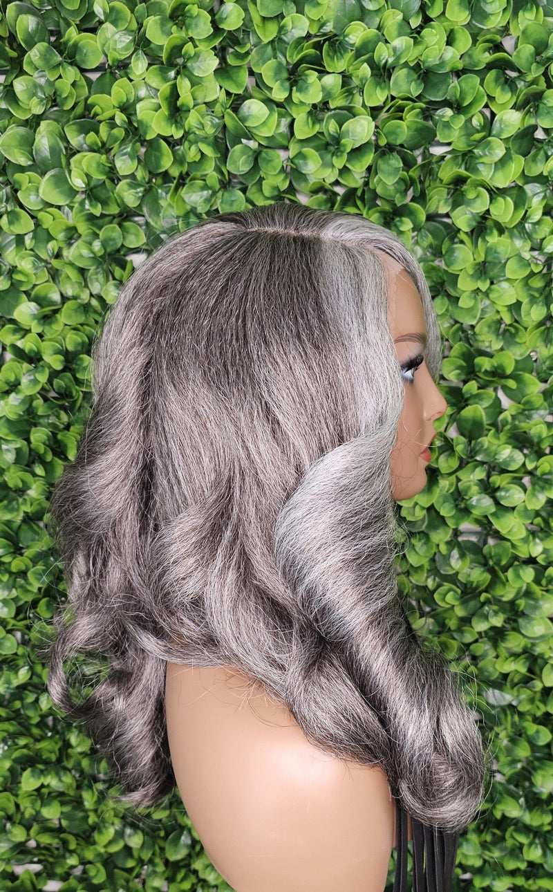 Mix Gray Glueless Lace Front Wig Yaki Hair Swoop Bang Salt and Pepper Ombre Gray Layered Curly Right Side Part HD Lace Wig - Beauty Blessings LLC