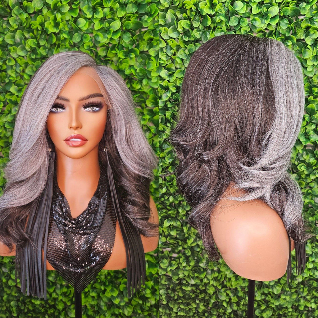 Salt Pepper Gray Lace Front Wig Mix Brown Dark Gray Afro Blowout Yaki Texture Side Part Swoop Bang HD Lace Glueless Wig Loose Curl Hair Wig