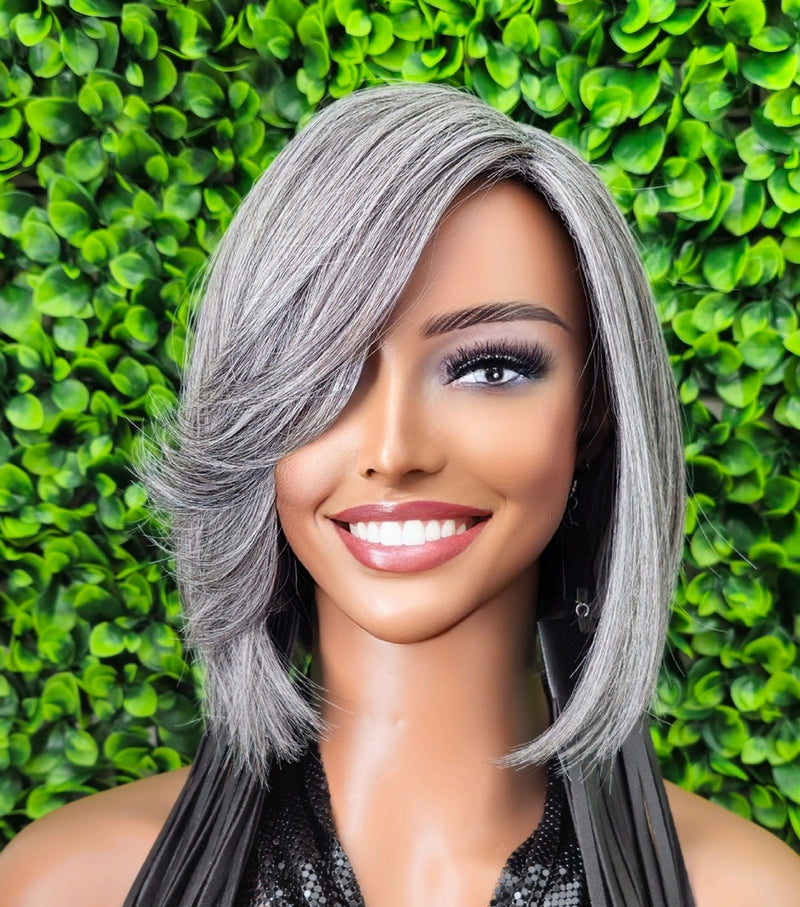 Silver Gray Bob Wig – Sleek Side Bang, Everyday Glam - Beauty Blessings LLC