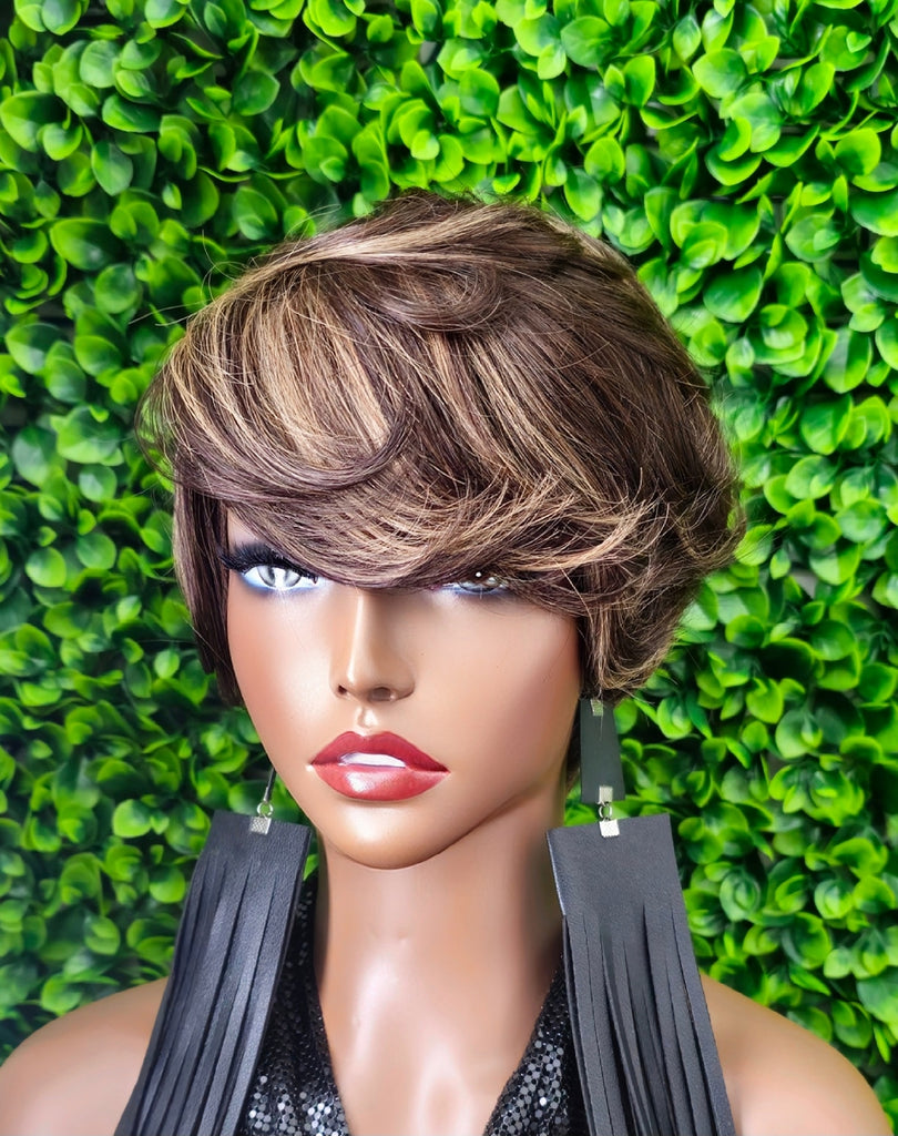 Pixie Cut Swoop Bang Glueless Wig Human Hair | Short Layered Bob| Beginner Friendly Ready to Wear | Soft Full Density Hair Unit
Upgrade your look with this easy-to-wear glueless wig designed for maximum comfort and simplicity. Made with soft swoop bang, layered pixie cut, high-quality human hair, this piece delivers a natural appearance with beautiful movement and volume; no lace or adhesive needed. This is not a lace wig.
Color shown: 4/27(Chocolate/Strawberry Blonde Mix)

The beginner-friendly design make