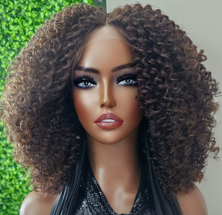 Chocolate Brown Auburn Curly Lace Front Wig, Afro Kinky Spiral Curl Natural Hairstyle