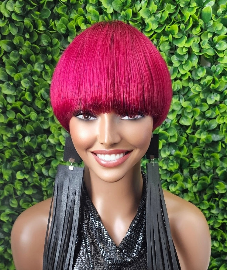 Burgundy Hair Mushroom Pixie Cut Wig: Brazilian Remy Human Hair