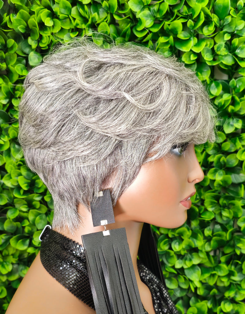 Salt Pepper Grey Gray Pixie Cut 100%  Human Hair Wig: Layered Swoop Bang Style