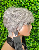 Salt Pepper Grey Gray Pixie Cut 100%  Human Hair Wig: Layered Swoop Bang Style