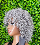Mannequin head with silver curly wig against a green leafy background