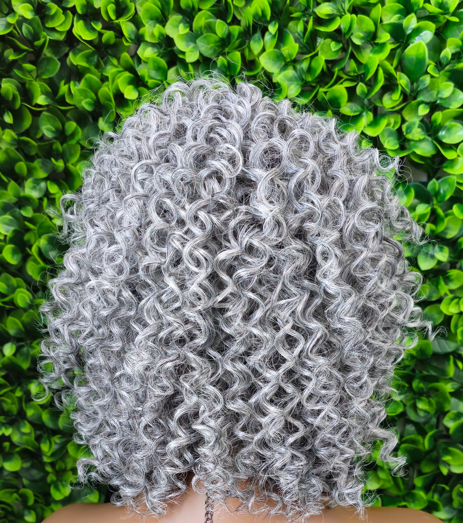 Salt pepper grey silver human hair blend curly wig