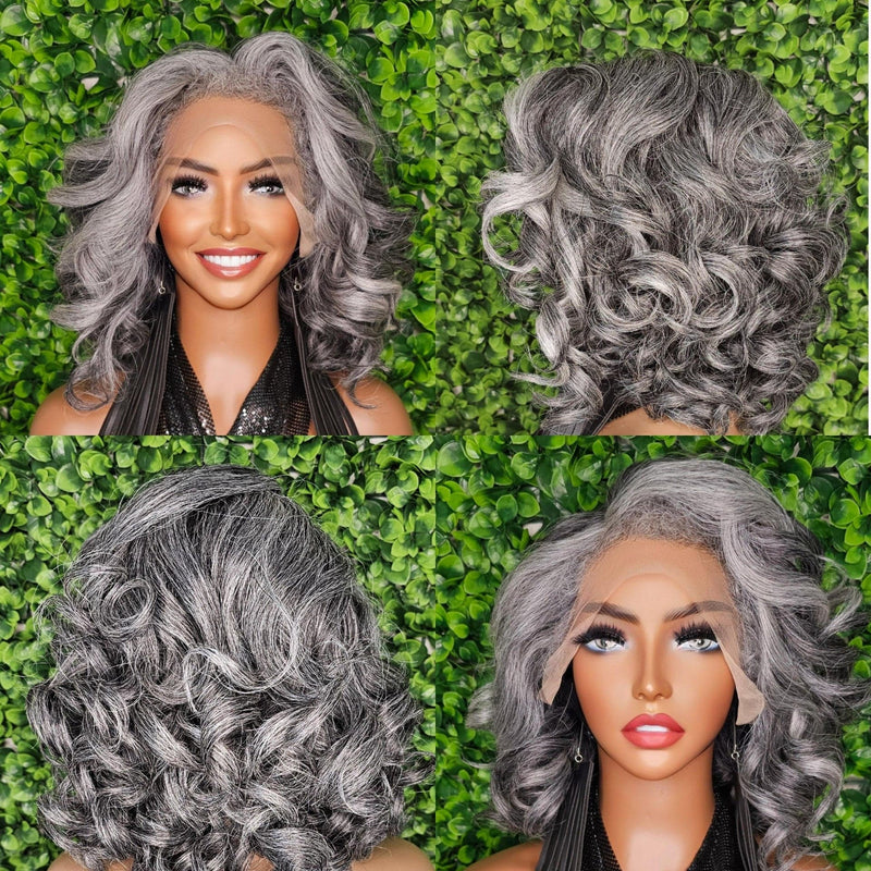 Body Wave Salt Pepper Wig HD Lace Wig 4C Edges Mix Gray Loose Curl Salt and Pepper Wigs Yaki Texture Hair Natural Hairline Wig - Beauty Blessings LLC