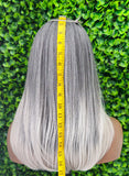 Silver Gray Ombre Wig | Long Straight Synthetic Hair with Swoop Bang