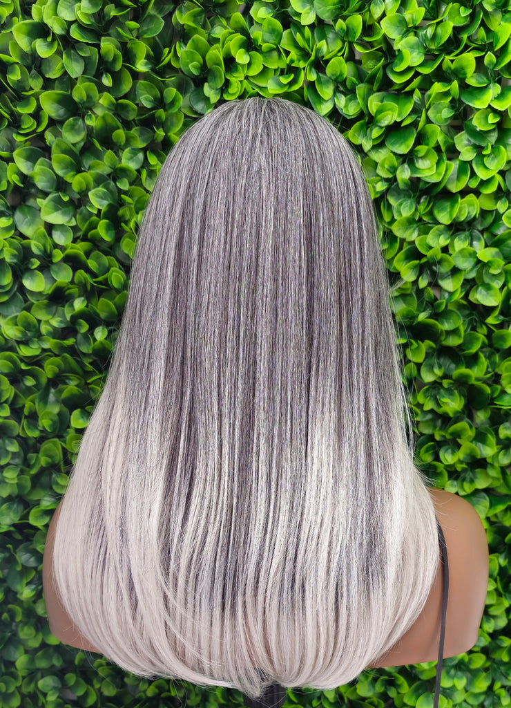 Silver Gray Ombre Wig | Long Straight Synthetic Hair with Swoop Bang