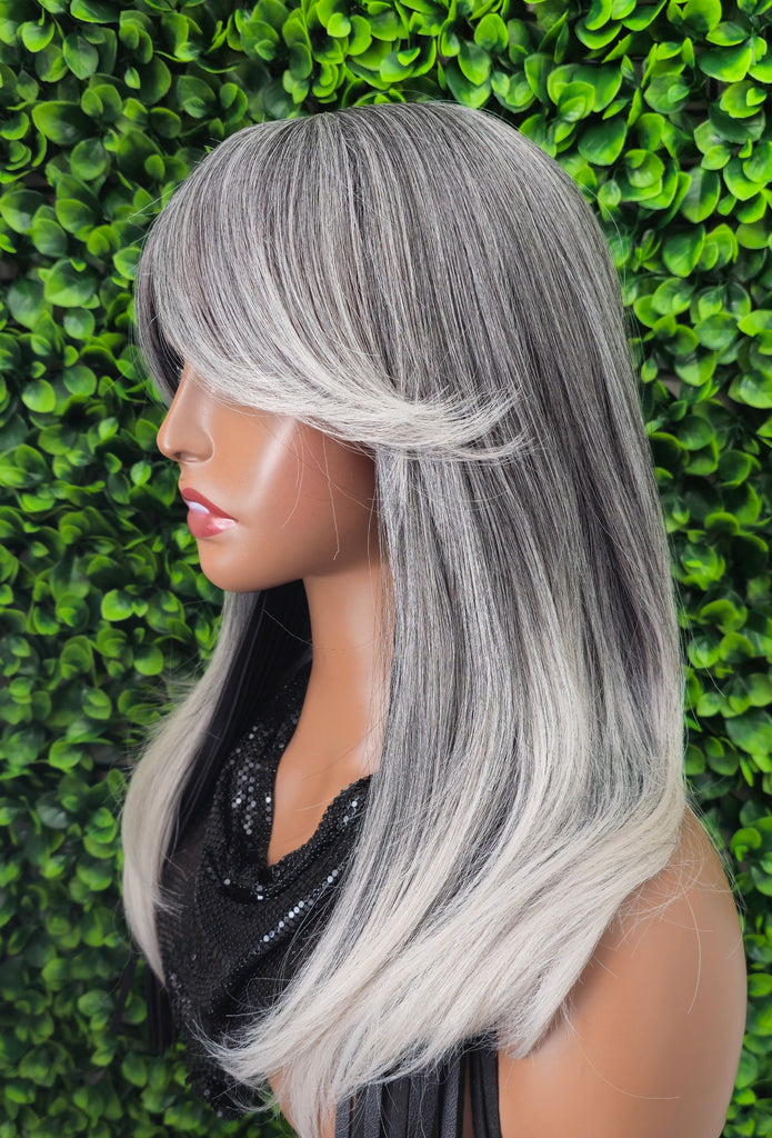 Silver Gray Ombre Wig | Long Straight Synthetic Hair with Swoop Bang