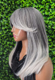 Silver Gray Ombre Wig | Long Straight Synthetic Hair with Swoop Bang