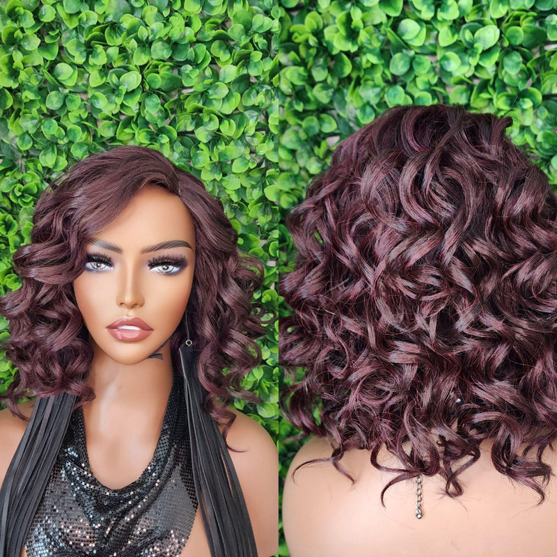 99J Burgundy Lace Front Wig Curly Bob Hairstyle Loose Curl Preplucked Glueless Lace Wig Swoop Bang Dark Plum Wine Hair Wig - Beauty Blessings LLC