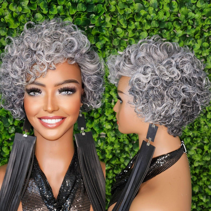 Short Gray Wigs Pixie Cut Curl Hair Wig Curly Natural Hair Glueless Lace Part Wig Salt Pepper Grey Mix Hair - Beauty Blessings LLC