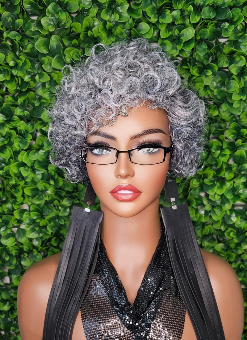 Short Gray Wigs Pixie Cut Curl Hair Wig Curly Natural Hair Glueless Lace Part Wig Salt Pepper Grey Mix Hair - Beauty Blessings LLC