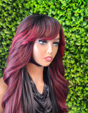 Glueless Wig | Natural Hairline Body Wave Wig | Burgundy Red Layered Swoop Bang Wig | Lightweight Everyday Wig for Women - Beauty Blessings LLC