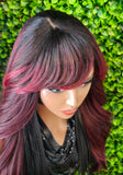 Glueless Wig | Natural Hairline Body Wave Wig | Burgundy Red Layered Swoop Bang Wig | Lightweight Everyday Wig for Women - Beauty Blessings LLC