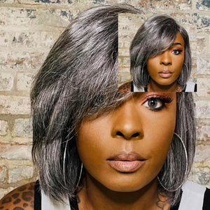Salt and Pepper Gray Wig 100% Human Hair Remy Bob Hairstyle Wig Voluminous Hair Gray Light Yaki Hair Texture Wig - Beauty Blessings LLC