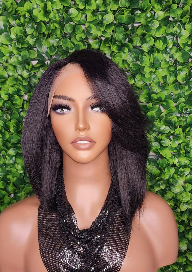 Swoop Bang Bob Wig with Bangs Glueless Lace Front Wig Voluminous Hair Yaki Hair Texture Short Bob Straight Wig - Beauty Blessings LLC