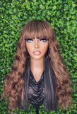 Wig Deep Wave Hair Full Wig with Bangs Strawberry Blonde Auburn Brown Mox Straight Bang Hairstyle Glueless Wig - Beauty Blessings LLC