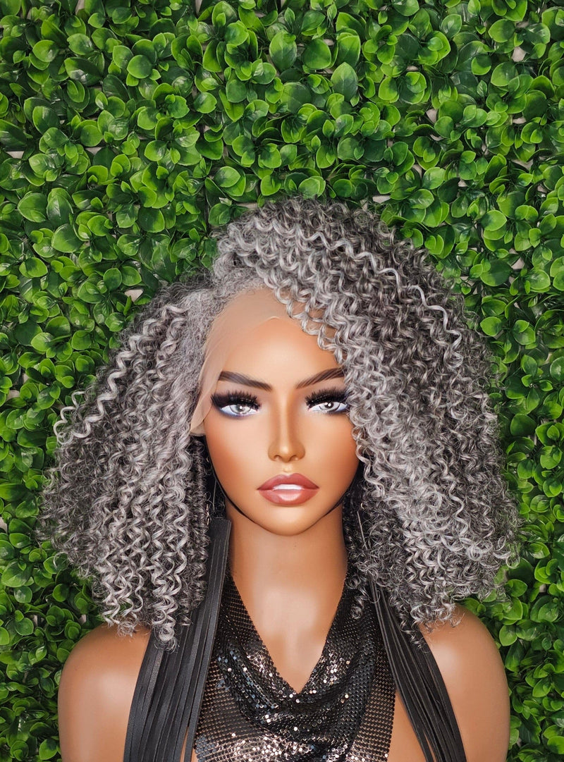 Salt Pepper Gray Lace Front Wig Kinky Hair Wig Curly Hair Natural Mix Grey Hair Afro-Textured Coil 4C Hair Transparent Glueless Lace Wig - Beauty Blessings LLC