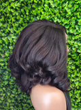 Yaki Texture Lace Front Wig - Glueless Swoop Bang Roller Set - Dark Brown - Flowy Curls
