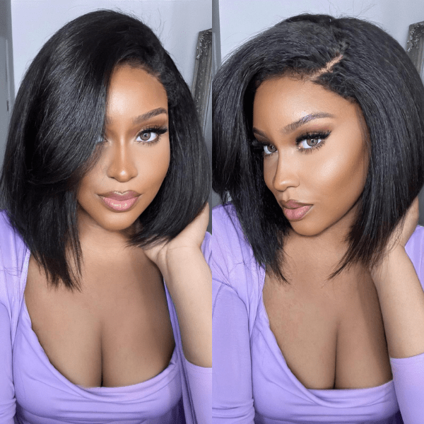 Blunt Cut Kinky Straight Human Hair Wig Glueless Lace Front Bob Wig 4C Kinky Edges Natural Hairline Lace Wig