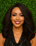 Yaki Texture Lace Front Wig - Glueless Swoop Bang Roller Set - Dark Brown - Flowy Curls