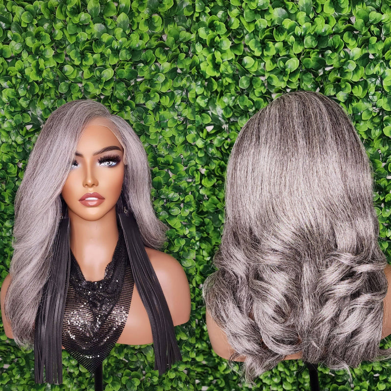 Salt Pepper Gray Lace Front Wig Mix Gray Afro Blowout Yaki Texture Side Part Swoop Bang HD Lace Glueless Wig Loose Curl Natural Hair Wig - Beauty Blessings LLC