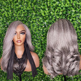 Salt Pepper Gray Lace Front Wig Mix Gray Afro Blowout Yaki Texture Side Part Swoop Bang HD Lace Glueless Wig Loose Curl Natural Hair Wig