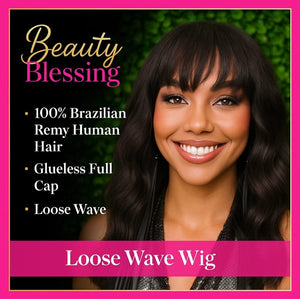 Virgin Brazilian Remy 100% Human Hair Natural Loose Waves Big Water Wave Hair Full Wig with Bangs
