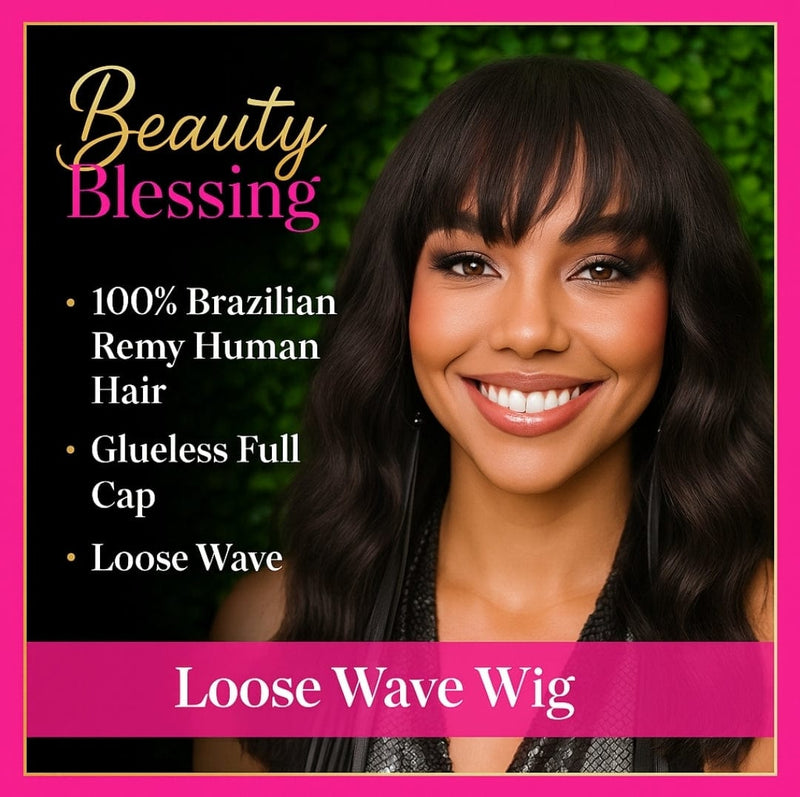 Virgin Brazilian Remy 100% Human Hair Natural Loose Waves Big Water Wave Hair Full Wig with Bangs - Beauty Blessings LLC