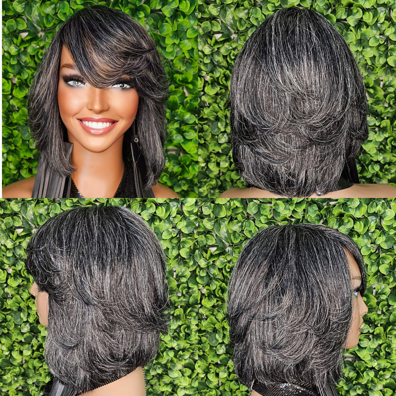 Gray Bob 100% Human Hair Wig Peruvian Remy Short Cut Hair Straight Bob Hairstyle Layered Hair Bob Wig with Bangs Dark Salt Pepper Wig - Beauty Blessings LLC