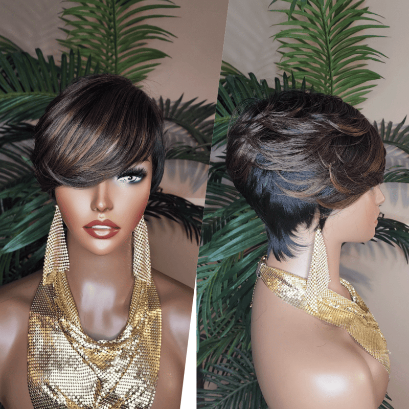 Pixie Cut Wig Chocolate Brown Dark Brown Auburn Hair Short Hairstyle Wig with Swoop Bangs Hair Glueless Wigs for Women Celebrity Hairstyles - Beauty Blessings LLC