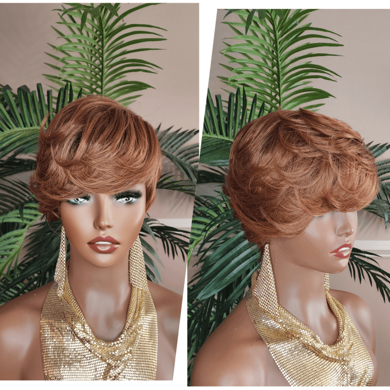 Strawberry Blonde Auburn Black Ombre Color Mix Hair Swoop Bang Pixie Cut Wig Short Hairstyle Glueless Wig Pin Curl Bang - Beauty Blessings LLC