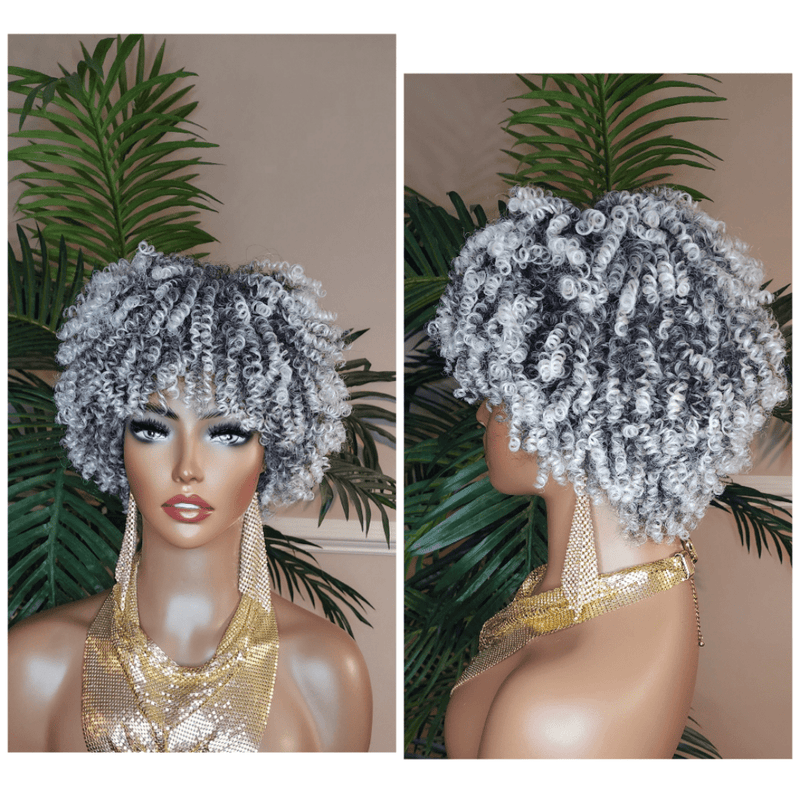 White Gray Hair Wig Coil Kinky Twist Spiral Curl Pixie Short Afro Natural Hairstyle Wig Ombre Black Gray Salt Pepper Human Hair Blend Wig  - Beauty Blessings LLC