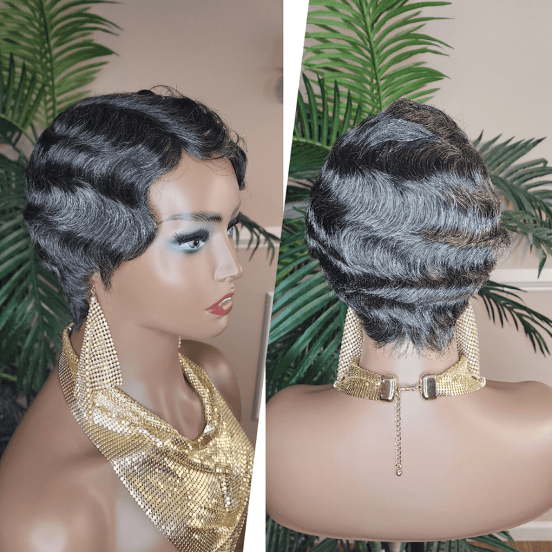 Salt Pepper Gray Fingerwave Brazilian Remy 100% Human Hair Wig Pixie Cut Fashion Wavy Hairstyle Gray Black Hair Wig - Beauty Blessings LLC