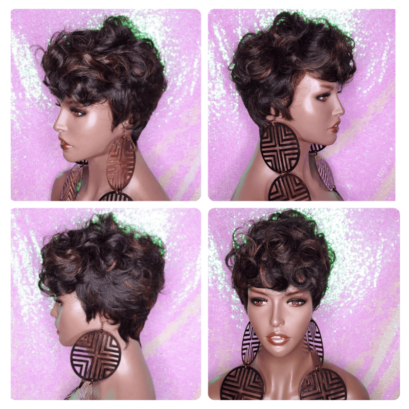 Curly Mohawk Hair Wig Black Auburn Mix Color Curl Glueless Wig Pixie Cut Curl Wig Layered Hair Wig - Beauty Blessings LLC