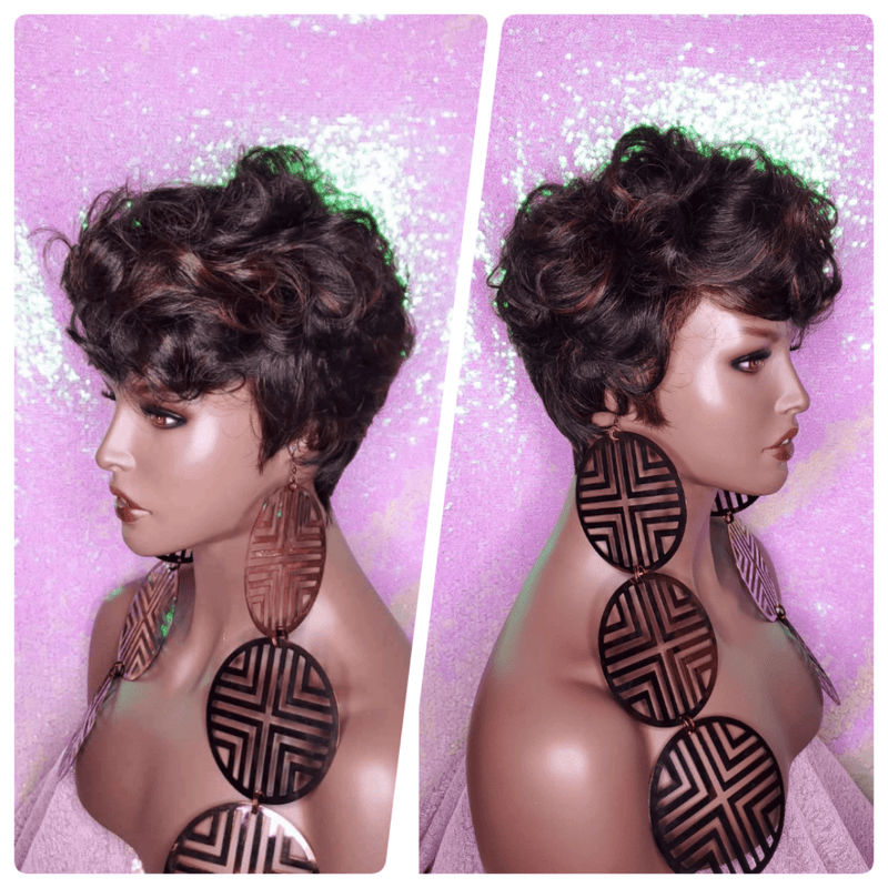 Curly Mohawk Hair Wig Black Auburn Mix Color Curl Glueless Wig Pixie Cut Curl Wig Layered Hair Wig - Beauty Blessings LLC