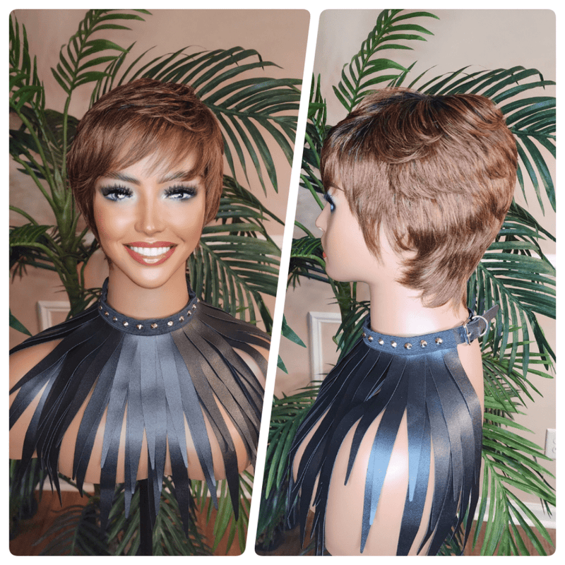 Auburn Glueless Pixie Cut Wig Brazilian Remy Human Hair Wig Tapered Cut 100% Human Hair Swoop Bang - Beauty Blessings LLC