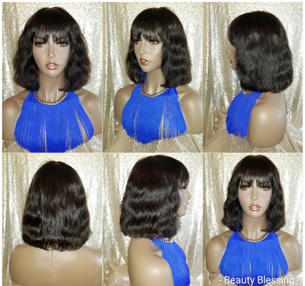 Natural Wavy Bob Ultra Brazilian Remy 100%Human Hair with Bangs - Beauty Blessing Wigs & Hair Extensions Boutique