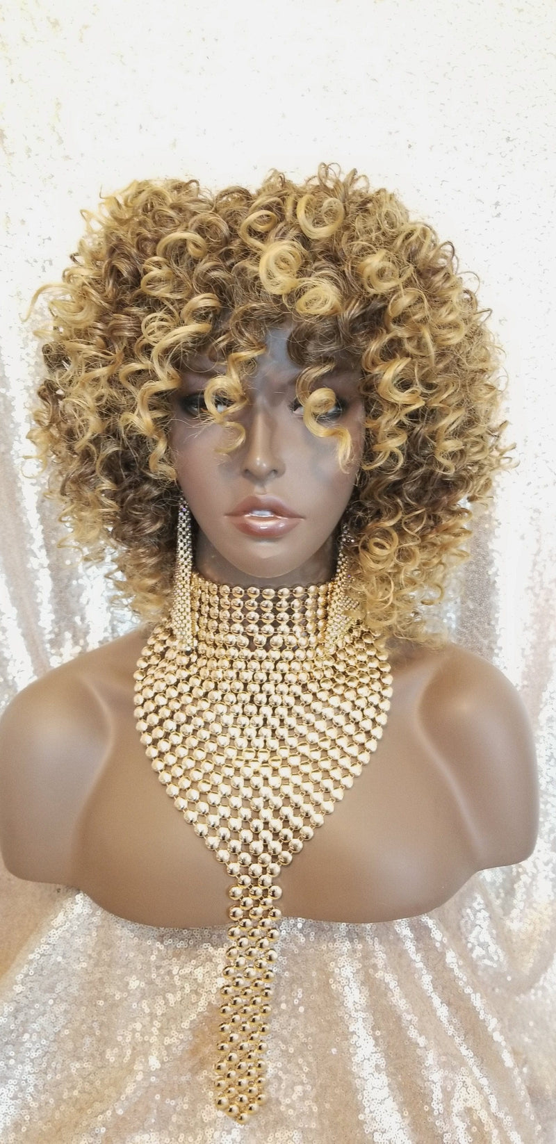 Curly Kinky Spiral Curl Wig Ombre Brown and Golden Blonde Heat Resistant Premium Fiber Wig - Beauty Blessing Wigs & Hair Extensions Boutique