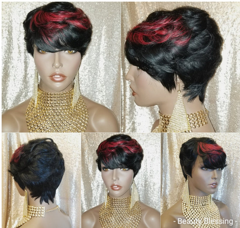Wig Pixie Cut Brazilian Remy 100% Human Hair Wig Sleek Full Cap Colored Top Women Fashion Wig - Beauty Blessing Wigs & Hair Extensions Boutique