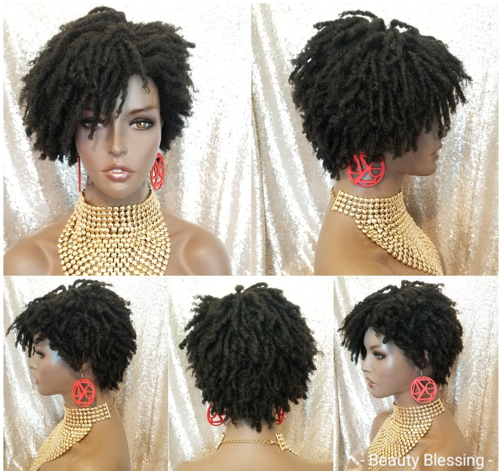 Afrocentric Short Kinky Curl Coil Twist Dread Locks Natural Style Full Cap Wig with Bangs - Beauty Blessing Wigs & Hair Extensions Boutique