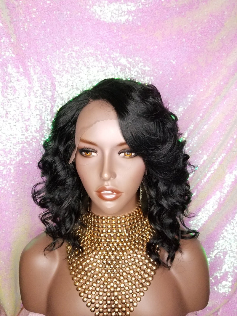 Wavy Curly Bob Hair Style Lace Front Wig  Bangs Asymmetrical Bob Heat Safe Side Part Wigs For Women - Beauty Blessing Wigs & Hair Extensions Boutique